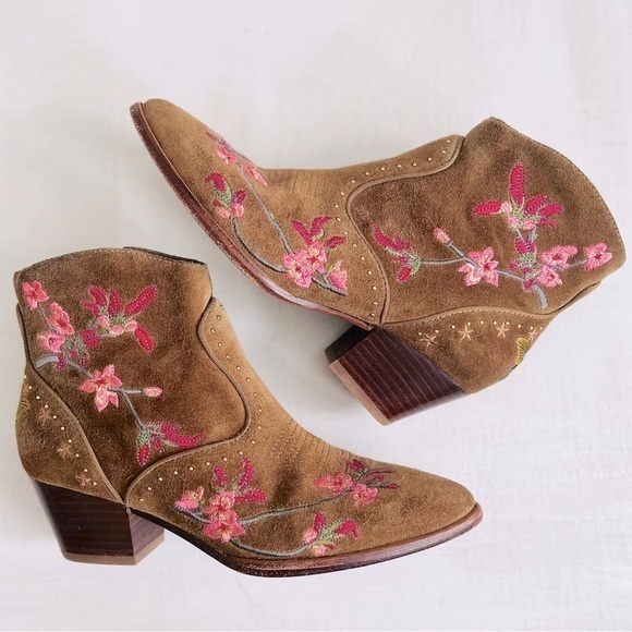 Ash Shoes - [ASH] Heidi Suede Leather Embroidered Floral + Butterfly Gold Stud Western Boot